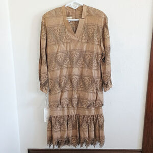 NWT Vintage Damianou Sparkly Gold Cutout Formal Flapper Dress Long Sleeve Size L